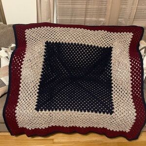 Handmade Crochet Blanket in Red and Beige